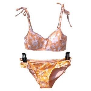 NWOT Xhilaration Orange White Floral Two Piece Bikini Tie Top & Bottom - Small